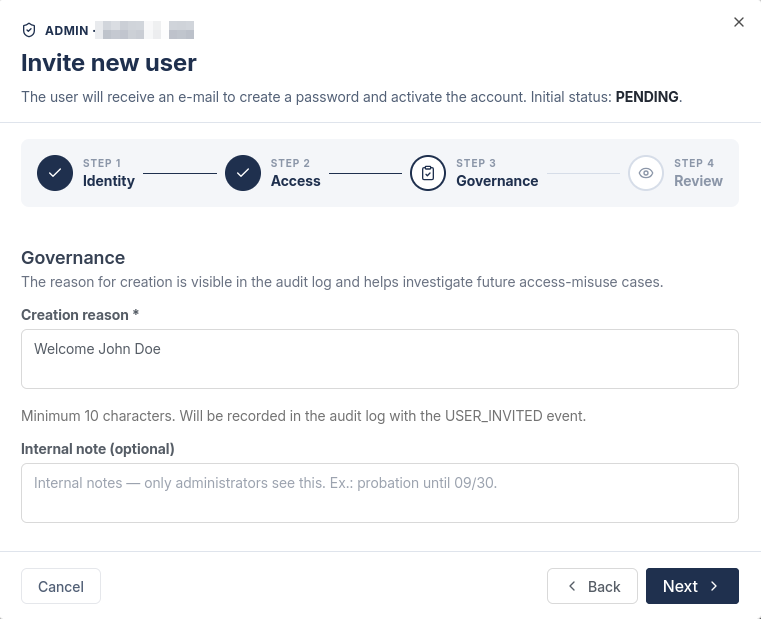 Step 3 of the invite, with the creation reason and internal note fields