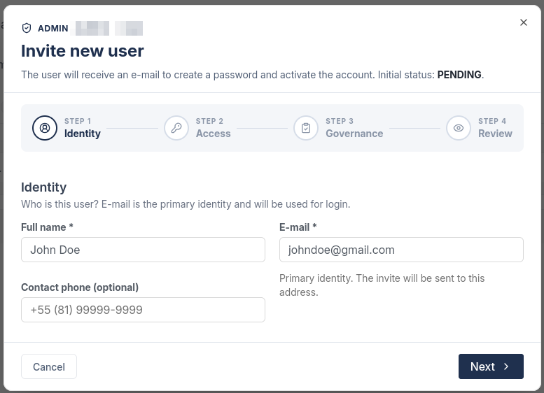 Passo 1 do convite, com os campos de nome completo, e-mail e telefone de contato